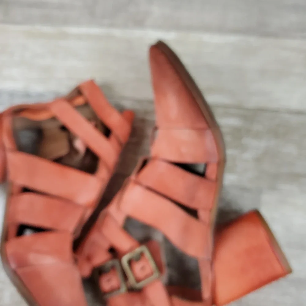 AS98‎ Evie Booties Orange Suede Strappy Cut Out Block Heel Sz 6.5 - 7 EU 37 NWOB